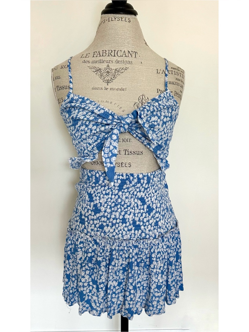 NWT MARBLE Blue and White Smocked Floral Maxi Skirt with Tie-Front Detail